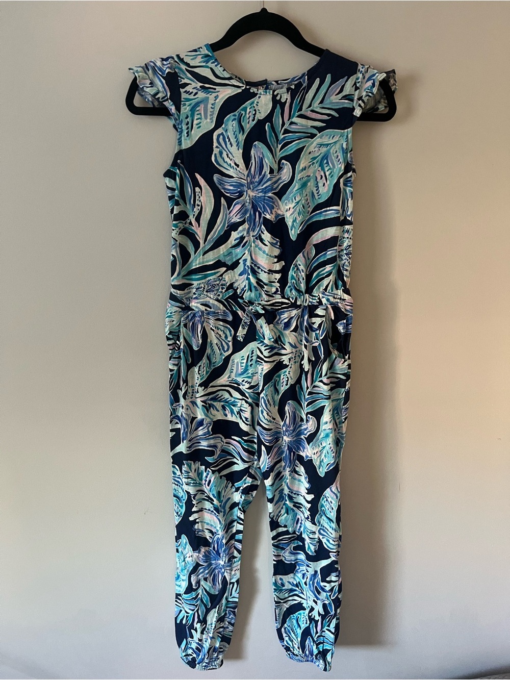 Lilly Pulitzer Navy Floral Ruffle-Sleeve Jumpsuit Girl’s Size XL 12-14